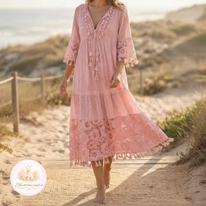 Bohemian pink beach dress cotton midi dress cottagecore summer outfit