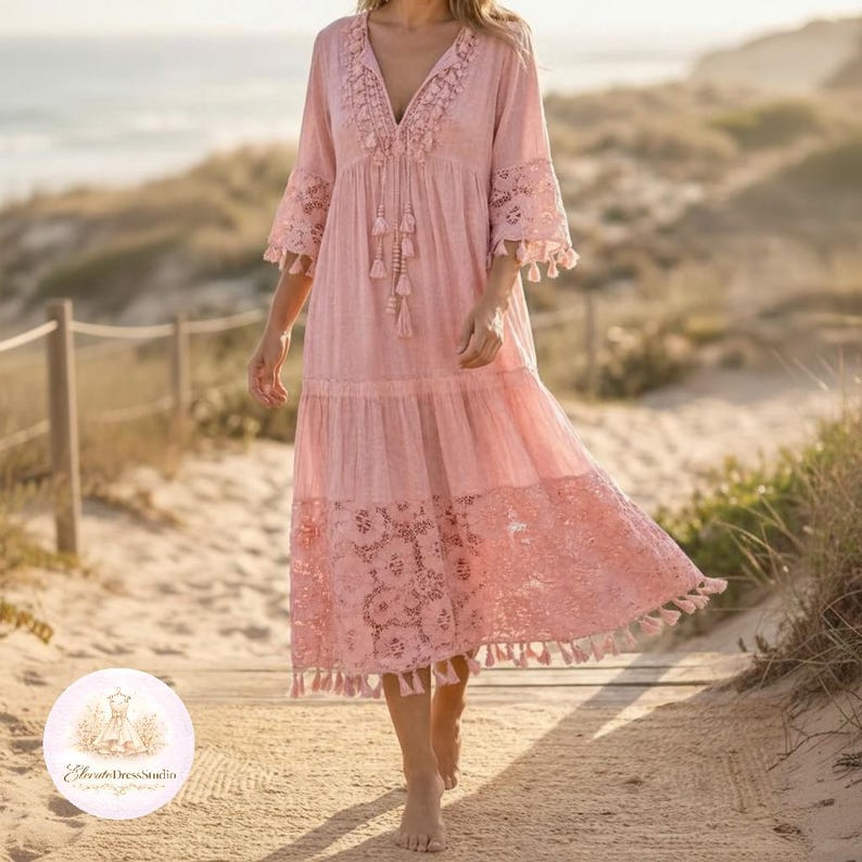 Bohemian pink beach dress cotton midi dress cottagecore summer outfit