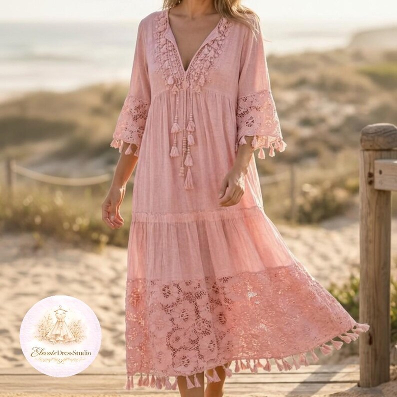 Pink boho dress women flowy summer midi dress lace tassel beach outfit