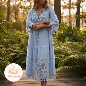 Blue boho midi dress women lace tassel cottagecore dress flowy summer outfit