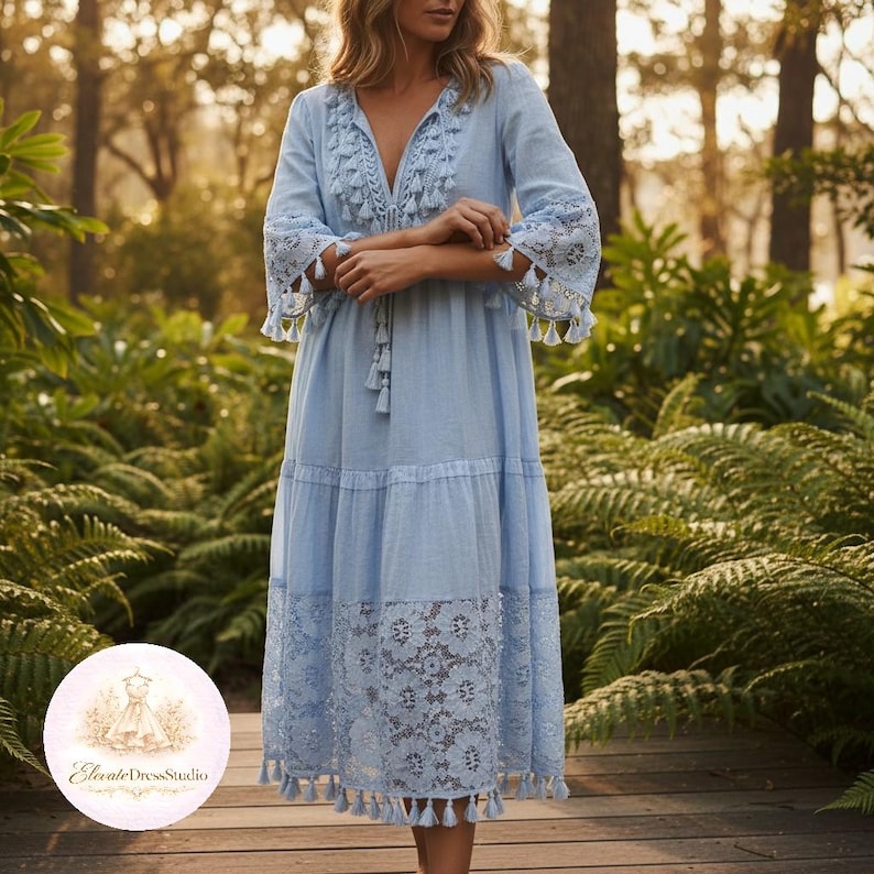 Blue boho midi dress women lace tassel cottagecore dress flowy summer outfit