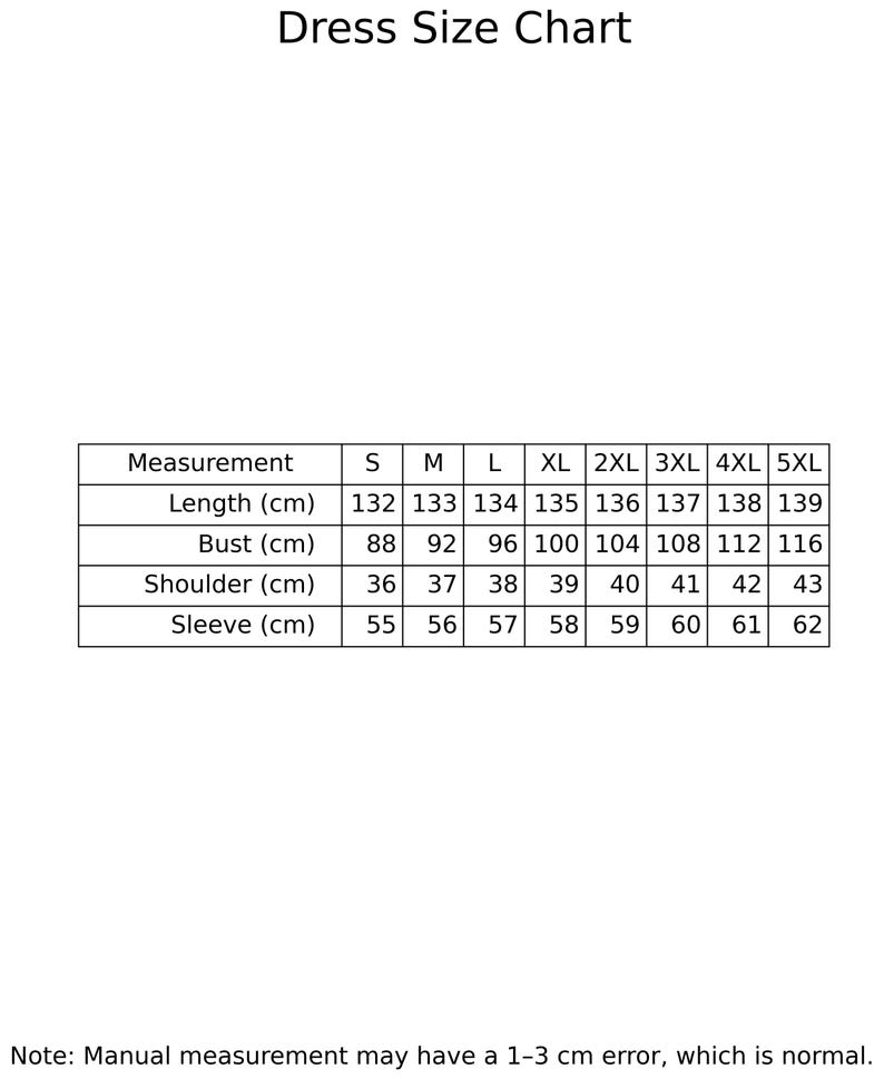 May include: A dress size chart with measurements in centimeters. The chart includes sizes S through 5XL, detailing length, bust, shoulder, and sleeve measurements. The text at the bottom states that manual measurements may have a 1-3 cm error.