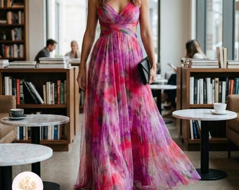 Boho Maxi Dress Women, Flowing Chiffon Style Summer Dress, Watercolor Print Dress, Beach Vacation Outfit, Bohemian Wedding Guest Dress