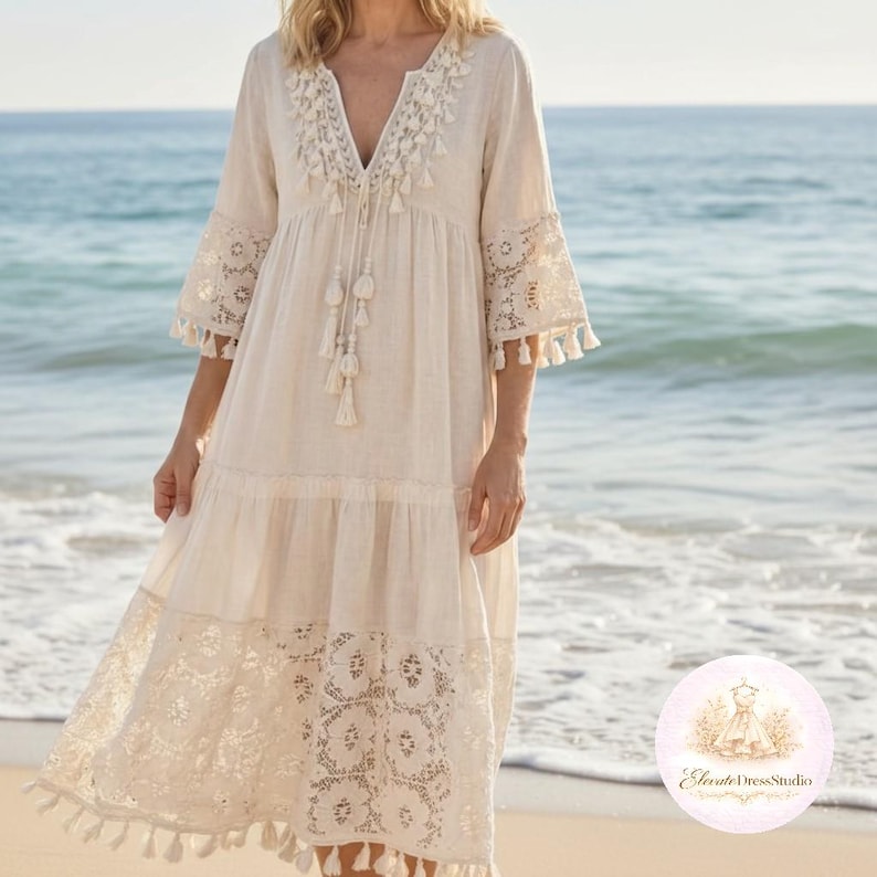 Cream cotton midi dress boho beach dress lace tassel summer vacation dress