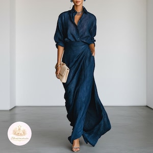 Abito lungo blu navy da donna / Abito da sera avvolgente a maniche lunghe con spacco