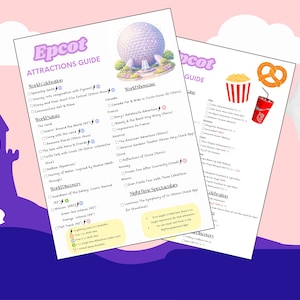 May include: Two printed Epcot Attractions Guide sheets with a pink and purple background. One sheet features a Spaceship Earth image. The other sheet has popcorn, a pretzel, and a soda. The guides list attractions.