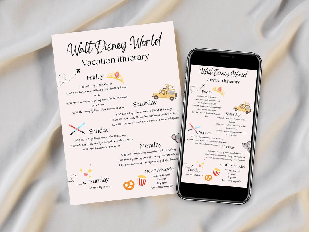 Walt Disney World Itinerary Template, Editable Disney Vacation Planner