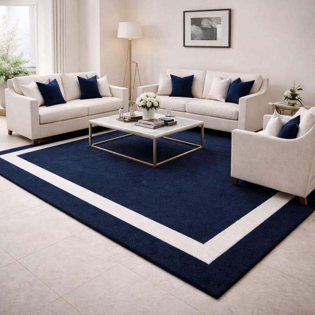 Hand Tufted Navy Blue and White Border Wool Rug, Modern Minimalist ...