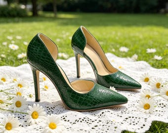 Individuelle Einlagen,Smaragdgrün Krokodil D'Orsay Pumps | Spitze Zehen Stilettos | Hochzeitsgast Formelle Heels