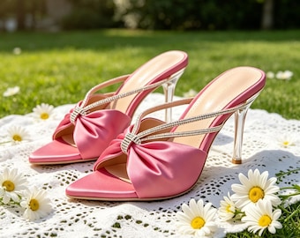 Kundenspezifische Einlegesohlen,Pink Satin Bow Heels | Klare Stiletto Pantoletten | Hochzeit Gast Brautschuhe