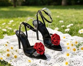 Maßgeschneiderte Einlegesohlen, Schwarz Rot Rose Heels | Spitze Zehen Stiletto Sandalen | Valentins Hochzeit Gastschuhe