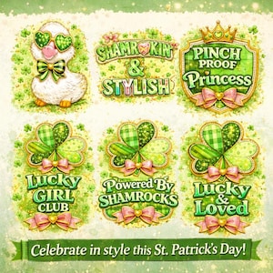 以下が含まれることがあります： 聖パトリックの日のテーマのグラフィックのコレクション。 クローバーのメガネをかけたアヒル、リボン付きのクローバーのデザイン、そして「Shamrockin & Stylish」、「Pinch Proof Princess」、「Lucky Girl Club」、「Powered By Shamrocks」、「Lucky & Loved」、そして「Celebrate in style this St. Patrick's Day!」と書かれたテキストが含まれています。
