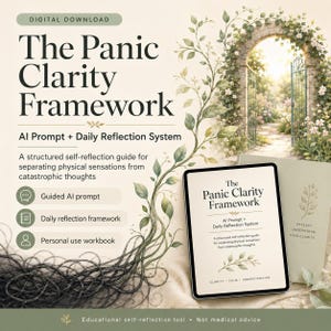 May include: A digital download titled The Panic Clarity Framework, featuring an AI prompt and daily reflection system. The graphic includes a tablet displaying the title, a workbook, and botanical illustrations of vines and a stone garden archway.