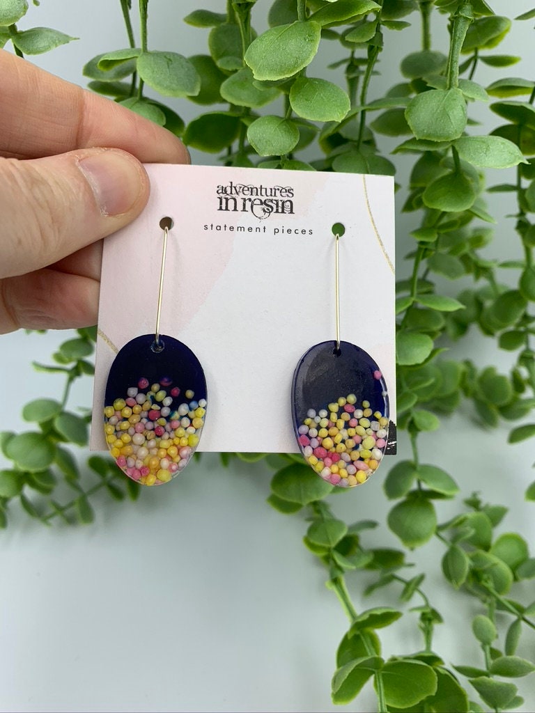 Black and Pink Sparkles Resin dangles earrings on sterling silver posts