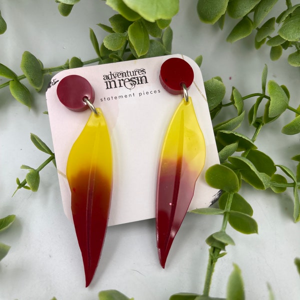 Nicole Gum Leaf Earrings, Long Yellow & Crimson Dangle Earrings For Nature Lovers