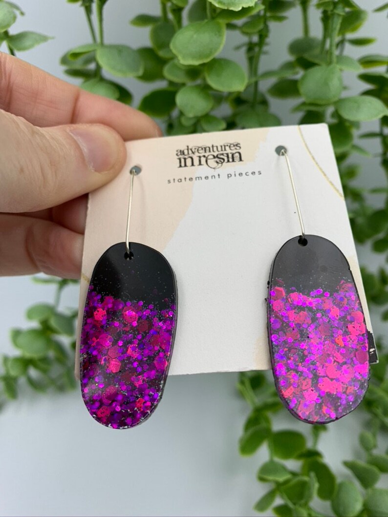 Black and Pink Sparkles Resin dangles earrings on sterling silver posts