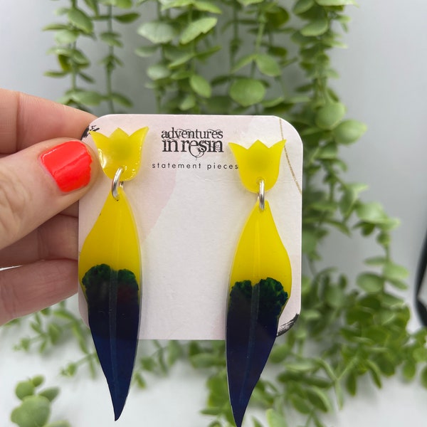 Nicole Gum Leaf Earrings, Long Yellow & Blue Dangle Earrings For Nature Lovers