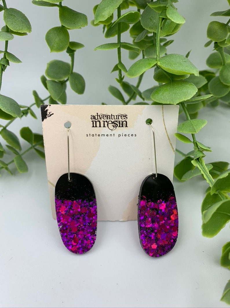 Black and Pink Sparkles Resin dangles earrings on sterling silver posts