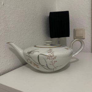 Könnte beinhalten: Weiße Porzellan-Teekanne mit geschwungenem Korpus, Ausguss und Henkel. Die Teekanne hat einen Deckel mit kleinem Knauf und ist mit einem zarten Blumendesign in Braun- und Grüntönen verziert. Die Teekanne steht auf einer weißen Oberfläche.