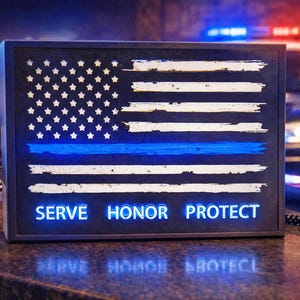 May include: A framed sign featuring the American flag with a blue stripe, and the words "SERVE HONOR PROTECT" in illuminated letters. A police hat, handcuffs, and a police car are in the background.