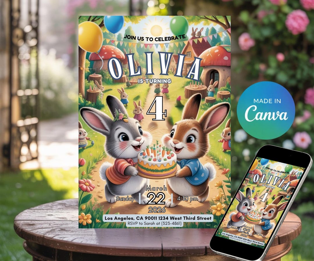 Simon The Rabbit Invitation Rabbit-themed Birthday Invitation | Editable Canva Template for Kids ...