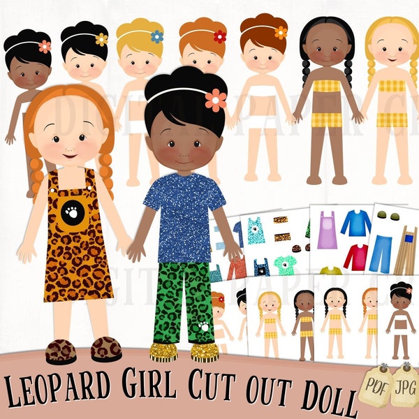 Printable Paper Doll, Digital Dolls, Hair, multicultural, Kids, Cut out doll, Leopard Clothes, Glitter Clothes, Sublimation, PDF, PNG, JPG