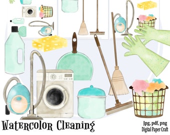 Watercolor Cleaning Clipart, Chores Clipart, Housework Clipart, Instant Download, clean clip art, House Rules Clipart, Planner Clipart