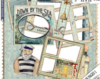 Sea Quick Pages, 12 x 12, Set 1, Premade Pages, Ocean scrapbook, png, Beach quick page, Easy Page Photo Book template