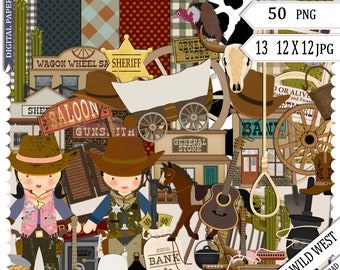 Wild West Digital Scrapbook Kit: Cowboy, Cowgirl, Children's Boy Girl Horse Saloon Town Wheel Bank Hat (Instant Download)