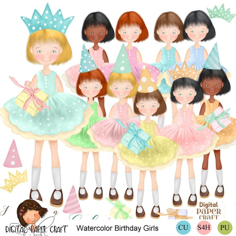 Pretty Girl Clipart Digital Clipart Girl Clipart,Watercolor Clipart Original Girl Clipart Party Clipart Watercolor Birthday Clipart