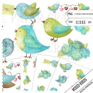 Blue Bird Clipart, Green Bird Clipart, Pastel Bird Clipart, Digital Download- Painted Bird clipart, Png Files