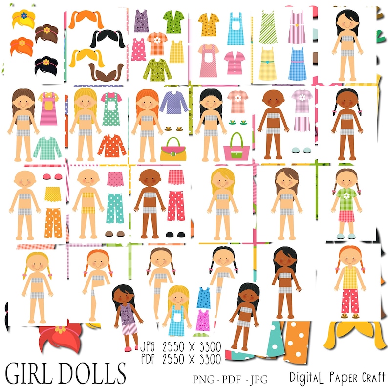 Paper Doll, Digital Paper doll, Cut out doll, Printable doll, Instant Download, Little Girl doll. multicultural doll, pdf, png, jpg image 5