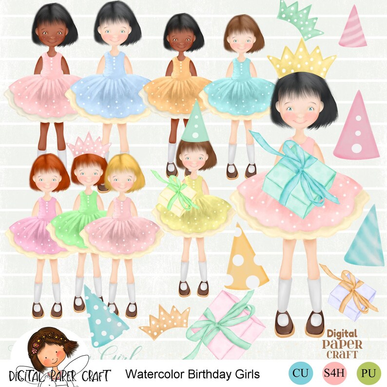 Pretty Girl Clipart Digital Clipart Girl Clipart,Watercolor Clipart Original Girl Clipart Party Clipart Watercolor Birthday Clipart