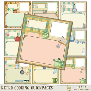 Può includere: Pagine di scrapbooking digitali a tema cucina retrò. Ogni pagina presenta una cornice decorativa con illustrazioni di cucina, tra cui teiere, ciotole e utensili da cucina. Il testo "Retro Cooking Quickpages" è in basso.