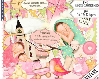 Little Baby Girl Digital Scrapbook Kit | 31 PNG Clipart, 16 Papers | Pastel Nursery Design | Newborn Baby Shower Craft | Digital Download
