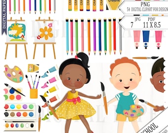 Kids paint Clipart, Art Clipart, Paint Clipart, Instant Download, Children, School Clipart, Commercial Use, Paint, Multicultural,