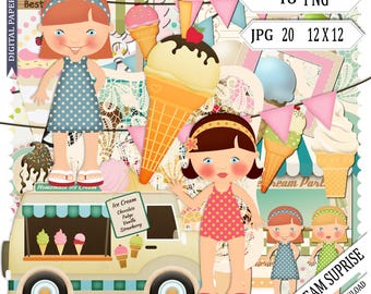 Ice Cream Scrapbook Kit: Truck, Girls, Nostalgia (Digital Download) summer kit, holidays, printable, Holiday photobook design