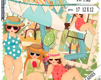 Beach Ladies Digital Scrapbook Kit – Retro Summer Paper Pack, Tropical Printable Craft Set, Vintage Beach Clipart, Digital Download