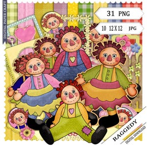 Raggedy Ann Scrapbook Kit: Vintage Rag Doll Embellishments (Digital Download) Rag doll photobook design, frames, elements papers