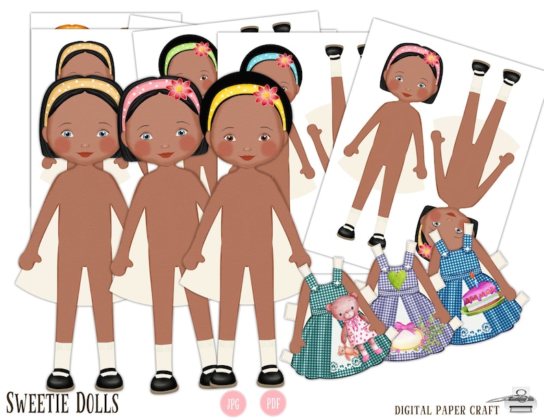 Paper Doll, Multicultural, Digital Paper doll, Cut out doll, Printable doll, Instant Download, Little dresses, Little girl dolls, printable image 5