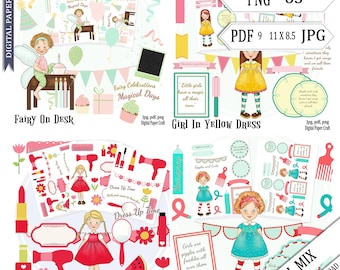 Girl Mix, clipart, 4 packets, fairy, hair, grooming, make up, combs, brush, pdf, png, jpg, Commercial Use, printable, craft