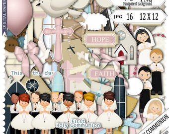 First Holy Communion Scrapbook Kit: Christian Boys Girls Religious Digital Download, communion photobook design, printable, elements, papers