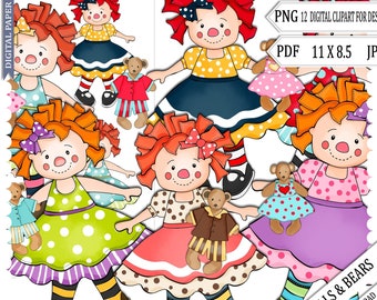 Rag Doll Clipart, Doll Clipart, Raggedy Doll Clipart, Bear Doll Clipart, Prim Clipart, Hand Drawn Clipart, Doll, toy, digital