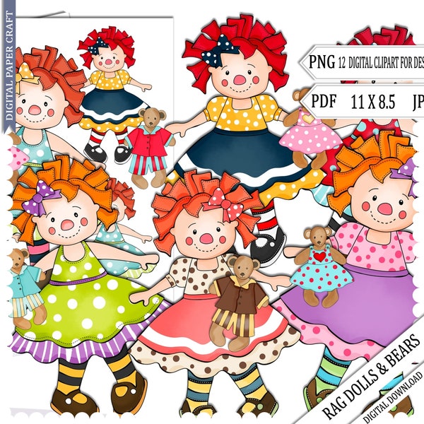 Rag Doll Clipart, Doll Clipart, Raggedy Doll Clipart, Bear Doll Clipart, Prim Clipart, Hand Drawn Clipart, Doll, toy, digital