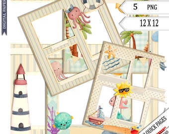 Seaside Scrapbook Quick Pages: Kids Beach Theme (Digital Download) Easy Page Photo Book template