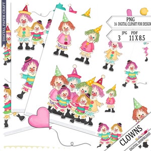 Clown Clipart, Children, Clipart, Circus, Journal, Scrapbooking, Craft, printable, Cardmaking, Sublimation, Nursery, Party, Sublimation image 2