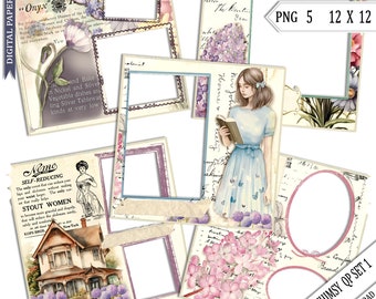 Whimsy Scrapbook Quick Pages: Floral Photo Frames (PNG Digital Download) Photo Book Template