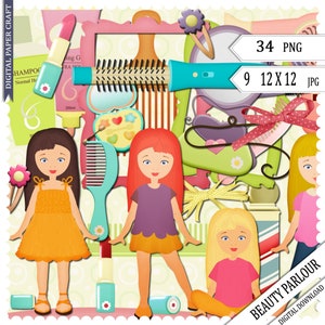 May include: A digital paper craft image featuring cartoon girls and beauty-themed elements. Includes a hair dryer, comb, lipstick, and a mirror. The text includes "34 PNG", "9 12 X 12 JPG", "Beauty Parlour", and "Digital Download".