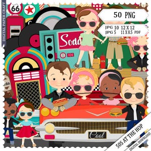 May include: A digital paper craft set with a 1950s theme. The set includes images of a red car, a jukebox, a soda fountain, and people wearing 1950s clothing. The text "50s at the Hop" is included in the image.