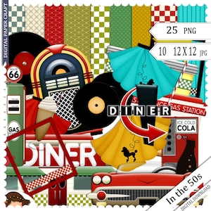 Kit de Scrapbook dos anos 50, Kit de Scrapbook dos anos 50, Rock and Roll, Design dos anos 50, Papéis dos anos 50, Download instantâneo, Scrapbook de Rock n Roll, Scrapbook retrô, Música,